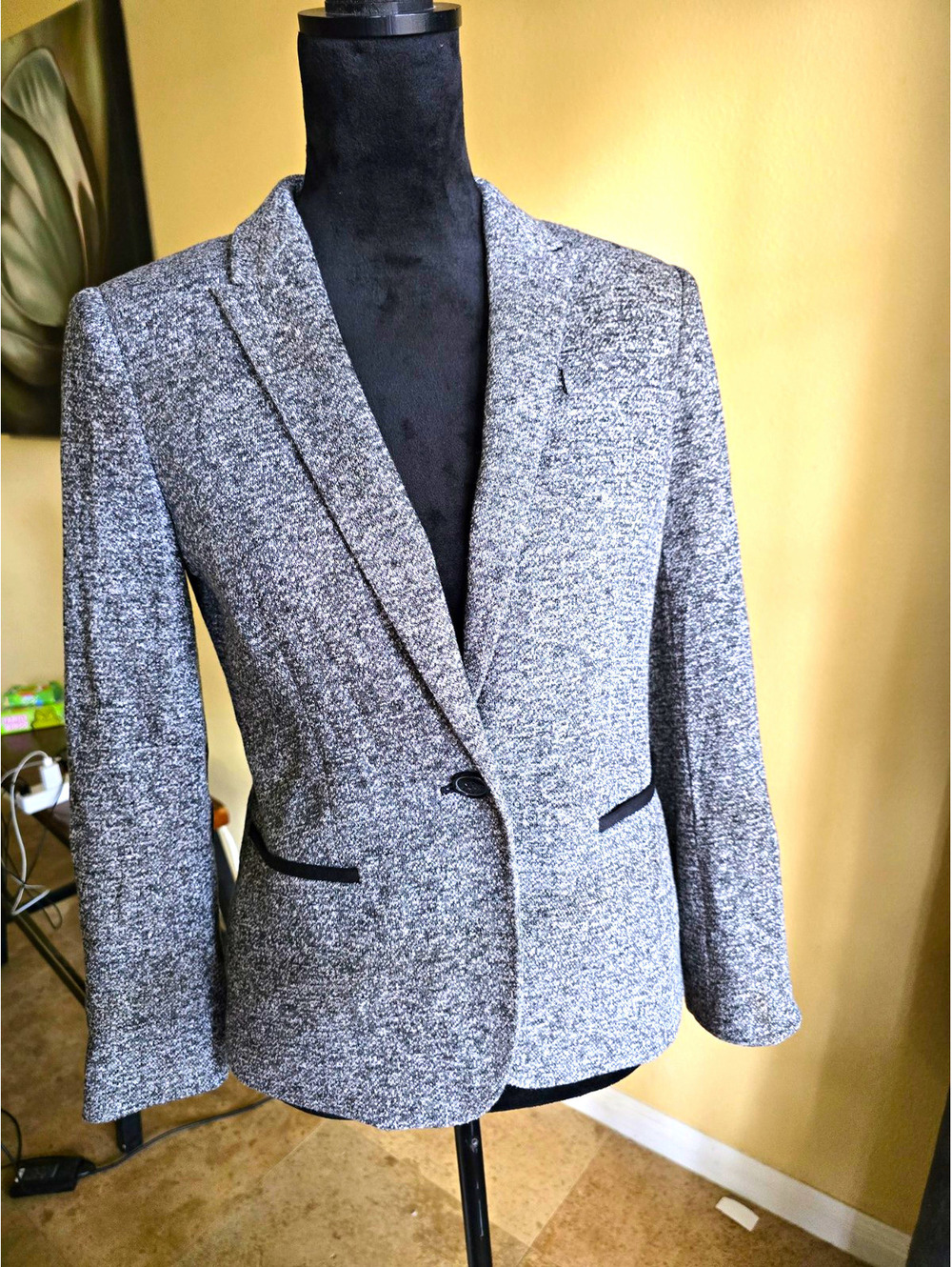 Tommy Hilfiger Knit Blazer Jacket Elbow Patches Black White Marled Tweed Size 4